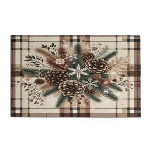 ambesonne christmas doormat, traditional xmas pinecone and leaves ornate on plaid background print, decorative polyester floor mat with non-skid backing, 30" x 18", cocoa brown sage green