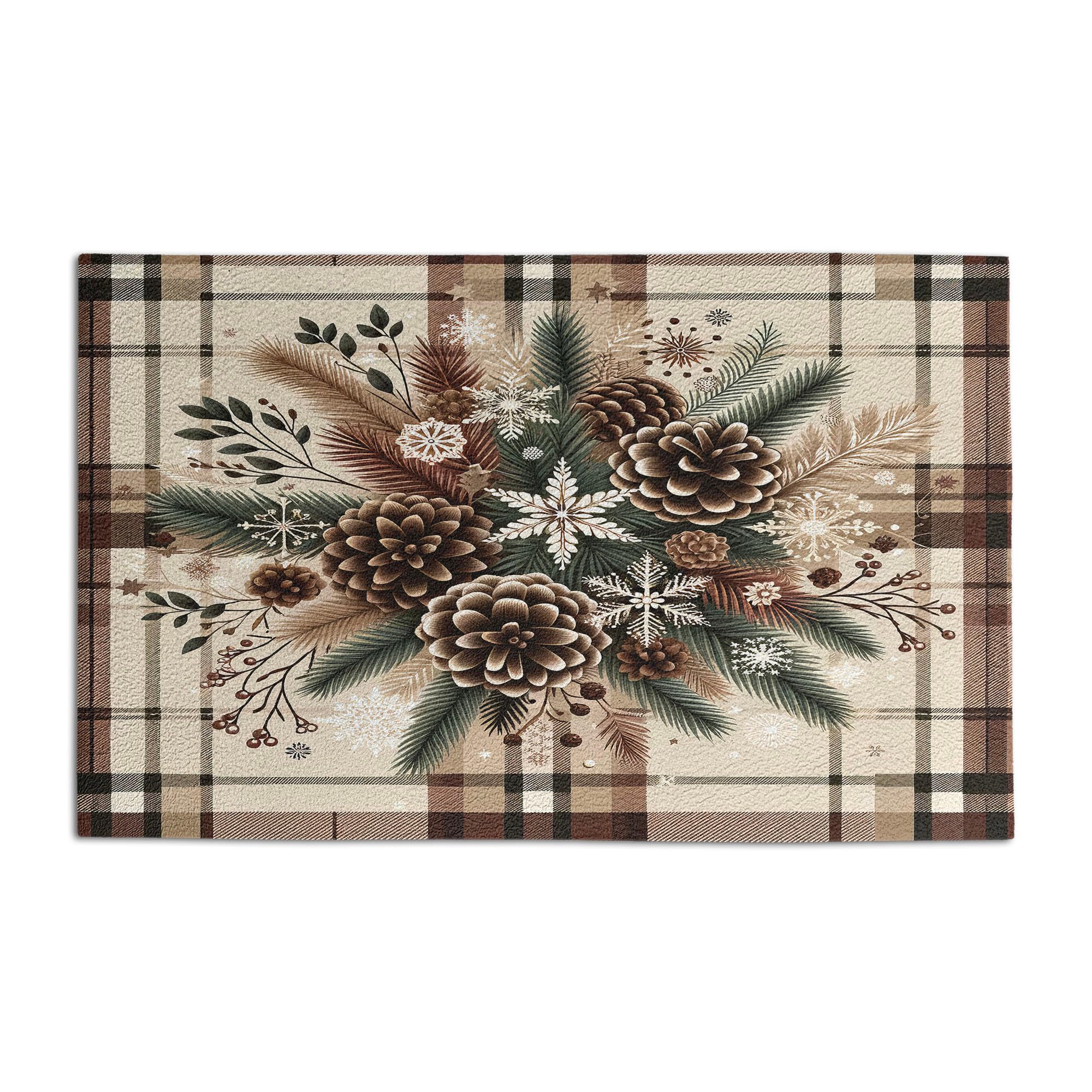 Ambesonne Christmas Doormat, Traditional Xmas Pinecone and Leaves Ornate on Plaid Background Print, Decorative Polyester Floor Mat with Non-Skid Backing, 30" X 18", Cocoa Brown Sage Green