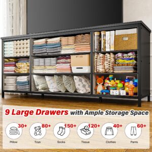 EnHomee Dresser, Dresser for Bedroom with 9 Drawers, Wide Dresser TV Stand for 55” TV Stand for Bedroom Dresser Long Dressers & Chests of Drawers, Metal Frame&Wood Top, Closet, Hallway, Charcoal Black