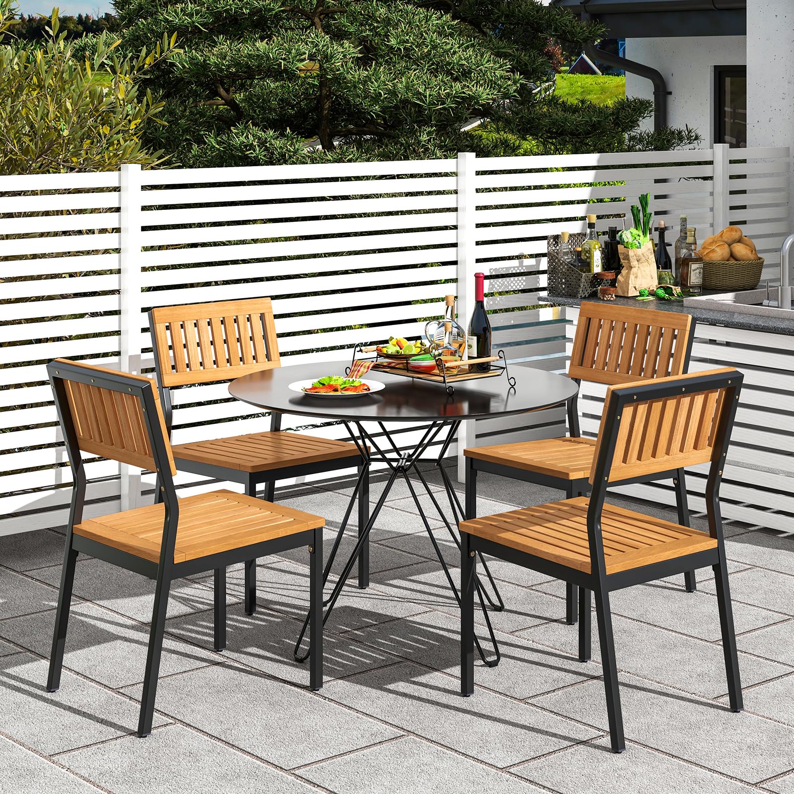 Tangkula Patio Dining Chair Set of 2, Outdoor Armless Chairs w/Metal and Acacia Wood Frame, All-Weather Bistro Chairs, Indoor Outdoor Furniture Chairs for Lawn Backyard Patio Garden Deck Balcony