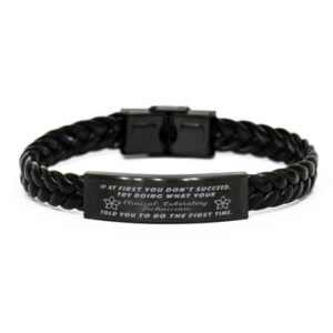 clinical laboratory technician braided leather bracelet, if at first you don't succeed, try doing what your athletic trainer told you to do the first time., laser engraved, stainless steel wristb