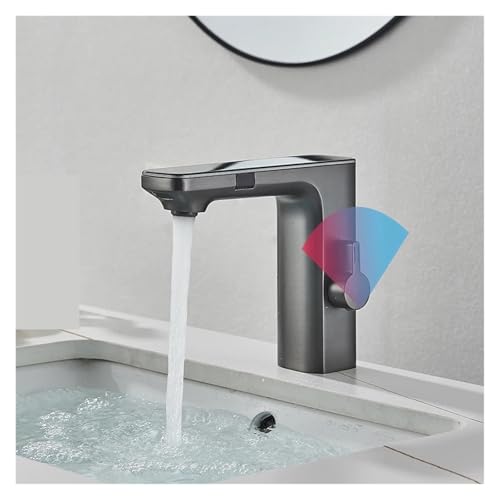 Luxury Silver Gray Smart LCD Dual Sensor Bathroom Basin Faucet Zinc Alloy Countertop Mounted Hot and Cold Water Mixer Bathroom Sink Bathtub Faucet(Gray)