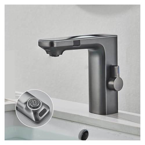 Luxury Silver Gray Smart LCD Dual Sensor Bathroom Basin Faucet Zinc Alloy Countertop Mounted Hot and Cold Water Mixer Bathroom Sink Bathtub Faucet(Gray)