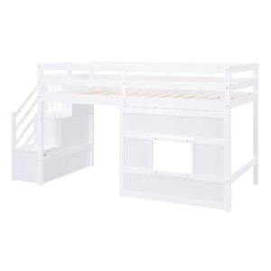 THINK 30 Wood Loft Bed with Storage Staircase and Window,No Box Spring Required, Twin Size, White