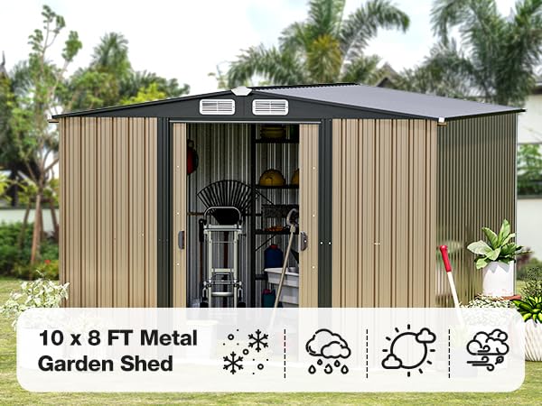 Large Outdoor Storage Shed 10 x 8 FT Galvanized Metal Shed with Sliding Door and Air Vents Waterproof Garden Tool Shed for Backyard, Lawn and Patio