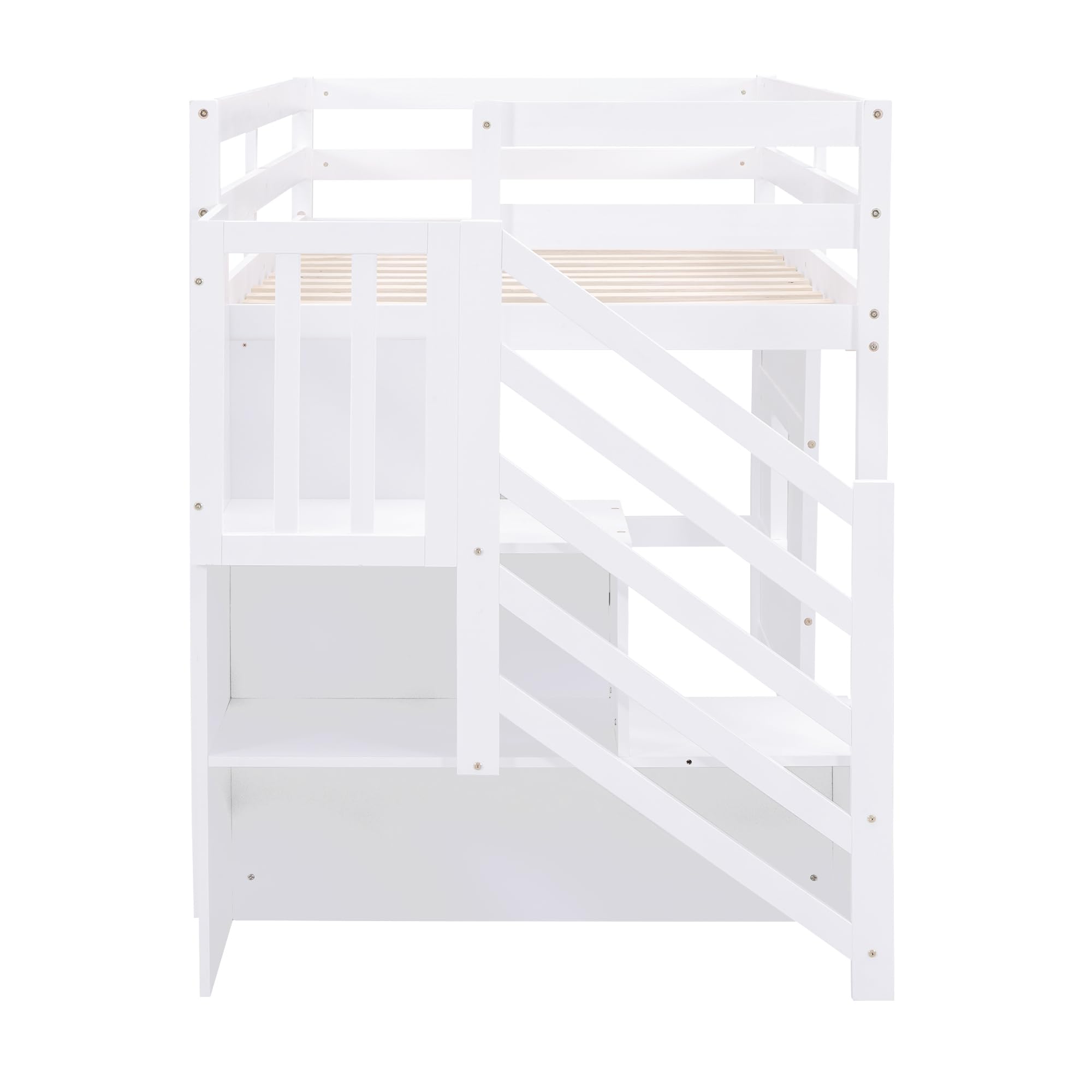 THINK 30 Wood Loft Bed with Storage Staircase and Window,No Box Spring Required, Twin Size, White