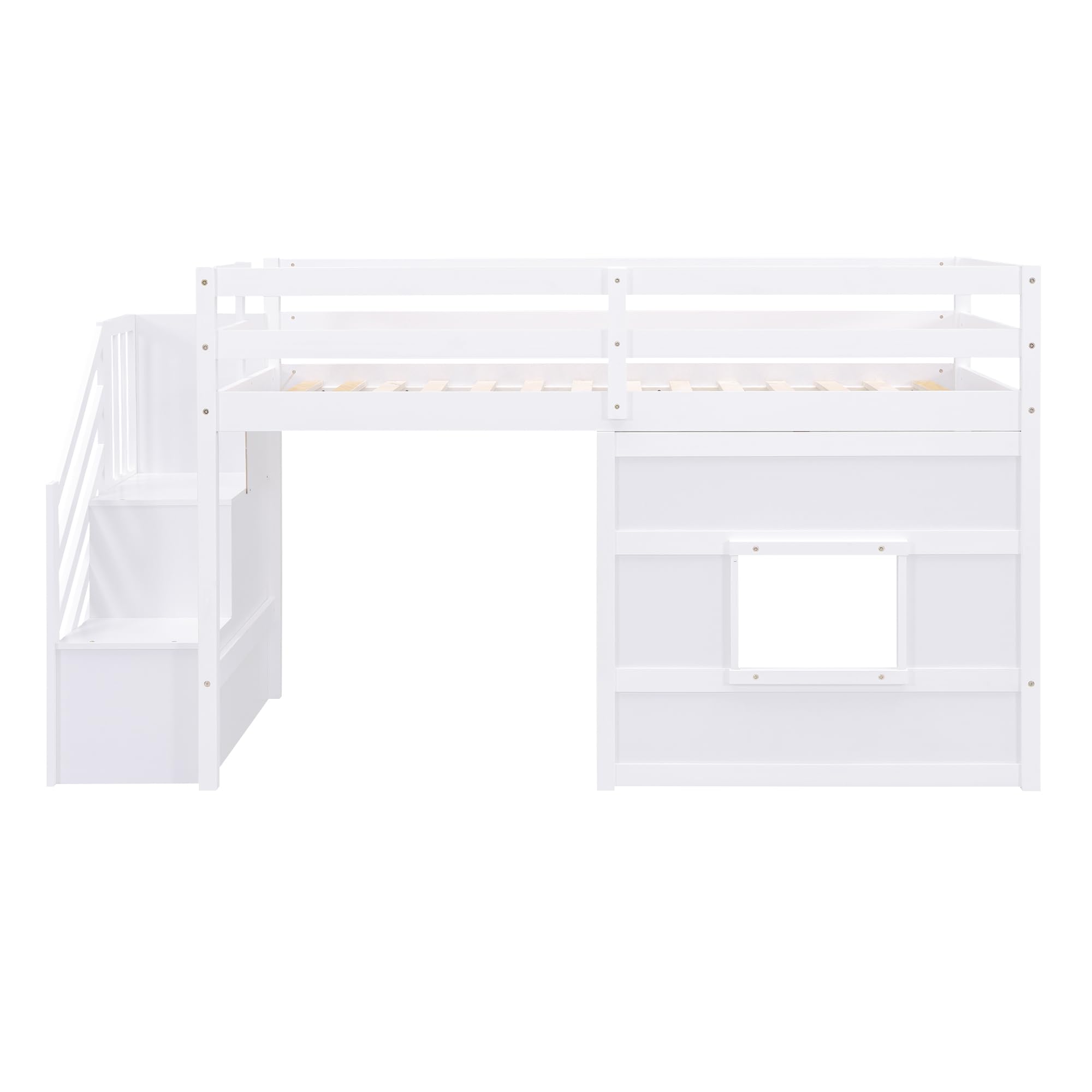 THINK 30 Wood Loft Bed with Storage Staircase and Window,No Box Spring Required, Twin Size, White