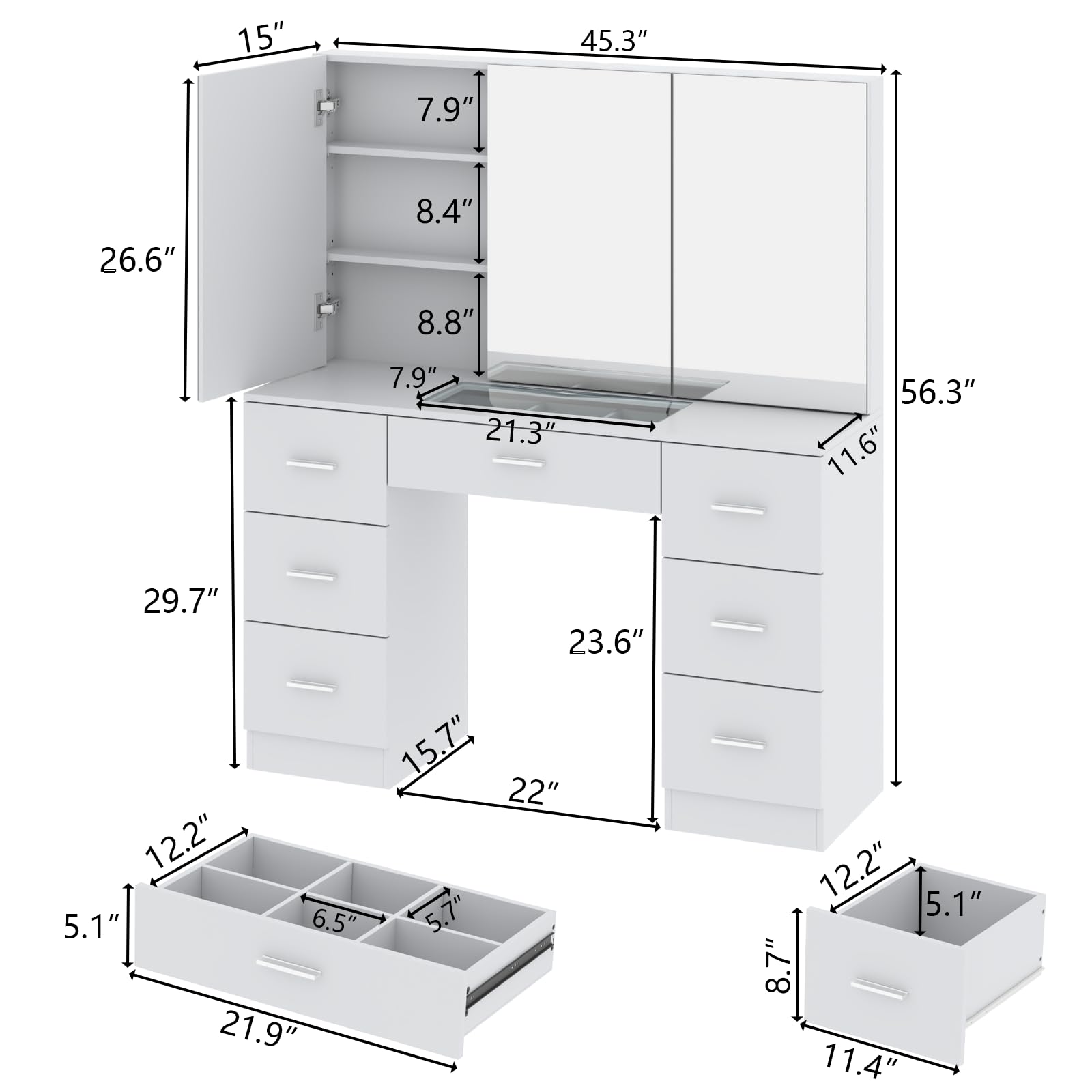 Makeup Vanity Desk with Large Mirror, 46" Modern Vanity Table with Wide Cabinet Mirrors, White Vanity with Tempered Glass Top & 7 Drawers. Makeup Table with adjustable shelf for bedroom(White)