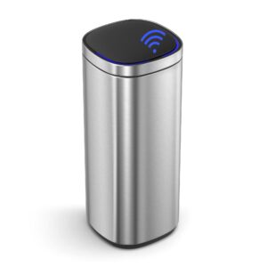 songmics motion sensor trash can, 13 gallon automatic kitchen garbage can, multi-colored indicator lights, ozone odor control, stay-open lid, tall, stainless steel, silver ultb620e50v1