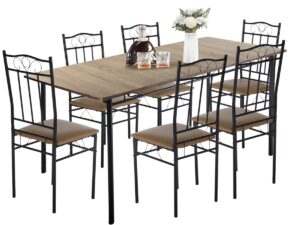 dining table set for 6, kitchen table and chairs for 4-6 people, 7 piece kitchen table sets, rectangular dining room table set with 6 pu leather chairs, beech/brown