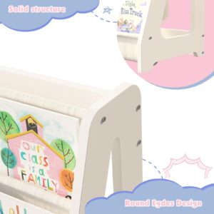 NACHES Kids Bookshelf 4 Tier White Kids Book Rack Storage Sling Nursery Display Shelf Toddler Baby Girls’ Boys’ Bedroom Playroom Classroom Fabric Bookcase for Children Age 1-5