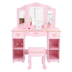 GarveeHome Kids Vanity, Pretend Play Vanity Set with Stool and Tri-Fold Mirror, Little Girl Makeup Desk, Toddler Dressing Table with Storage Drawers and Open Shelves for Girls 3+, Pink