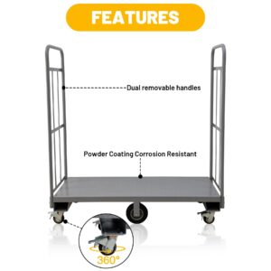 biosp Narrow Aisle U-Boat Platform Truck Dolly, 2205 lbs Load Capacity Steel Platform Cart Dolly, Heavy Duty Utility Cart with Steel Deck, Hand Truck with Dual Removable Handles, 63'' x 60'' x 24''