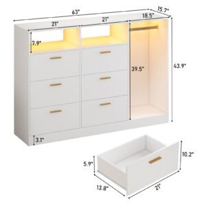 Hlivelood 63" W Dresser for Bedroom with Hanging Rack & Shelves, White 6 Drawers Dresser with LED Lights, Chest of Drawers Storage Shelves, Bedroom, Closet, Entryway, 44" H