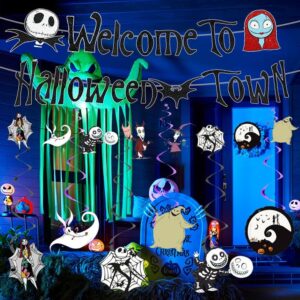 Glittery Welcome to Halloween Town Party Decorations,Welcome to Halloween Town Banner and Hanging Swirls,Halloween Nightmare Birthday Party Decorations