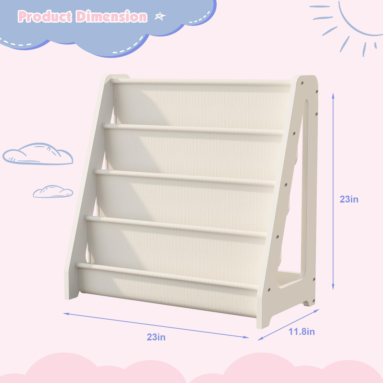 NACHES Kids Bookshelf 4 Tier White Kids Book Rack Storage Sling Nursery Display Shelf Toddler Baby Girls’ Boys’ Bedroom Playroom Classroom Fabric Bookcase for Children Age 1-5