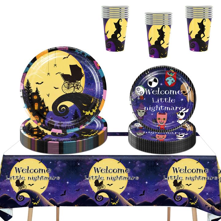 Halloween Welcome Little Nightmare Baby Shower Decorations,Little Nightmare Tableware Include Plates,Cups and Tablecloth for Baby Shower Party Decorations(Serve 16)