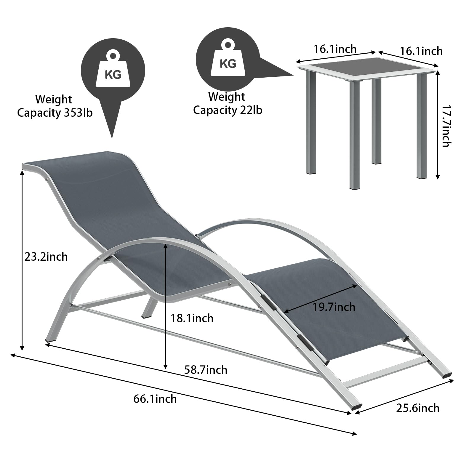 Patio Chaise Lounge Set of 3, Outdoor Pool Lounge Chair Beach Sunbathing Lawn Lounger Recliner Chair, Backrest Tanning Chairs with Arm & Side Table for All Weather, Poolside, Deck, Balcony, Backyard