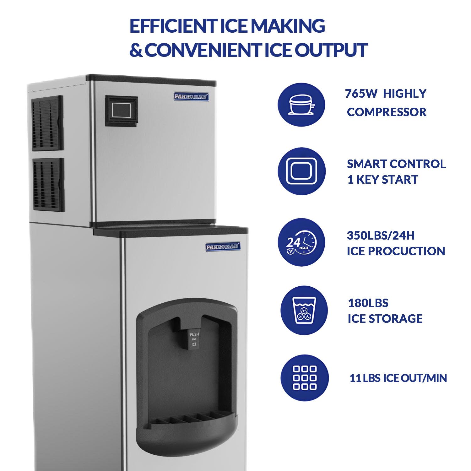 22" Air-Cooled Modular Full Cube Ice Machine - 350 lbs/Day Production, 180 lbs Ice Bin Dispenser | ETL & Energy Star Certified