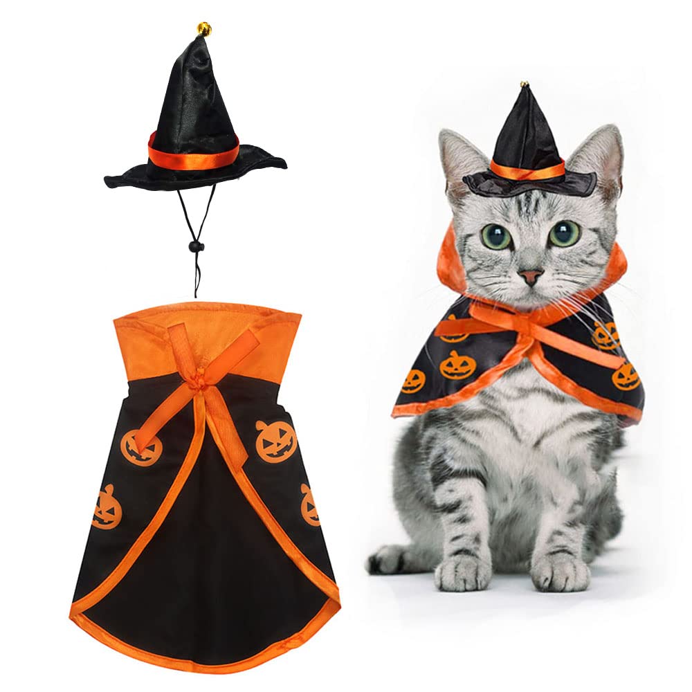 Halloween Cat Costume Cloak Witch Hat Pet Accessories Halloween Adjustable Pumpkin Pet Costume Clothes Set, Halloween Pet Costume Decor Cloak for Cats Dogs Animal Halloween Carnival Party Supplies