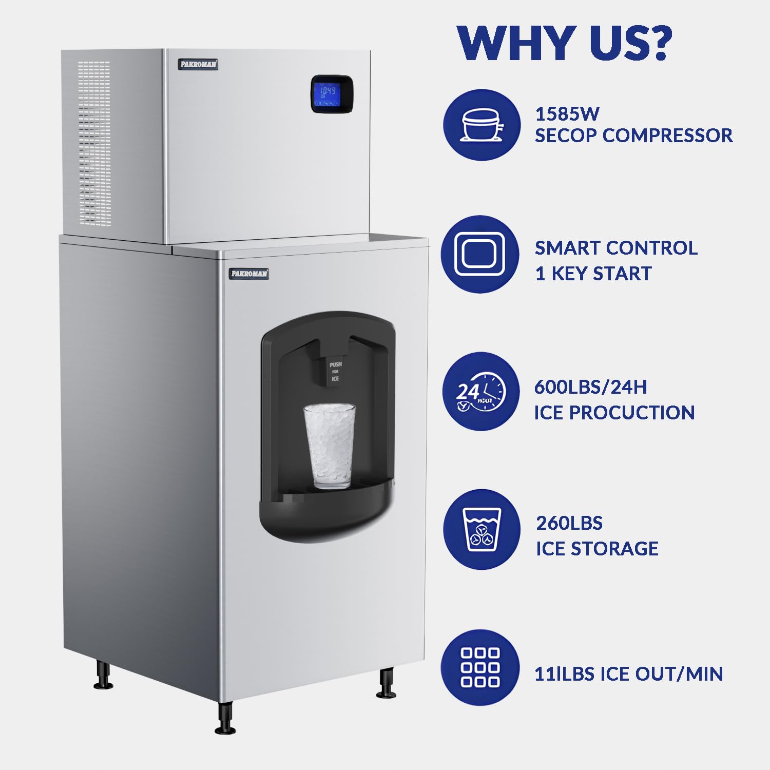 30" Air-Cooled Modular Full Cube Ice Machine - 600 lbs/Day Production, 260 lbs Ice Bin Dispenser | ETL & Energy Star Certified