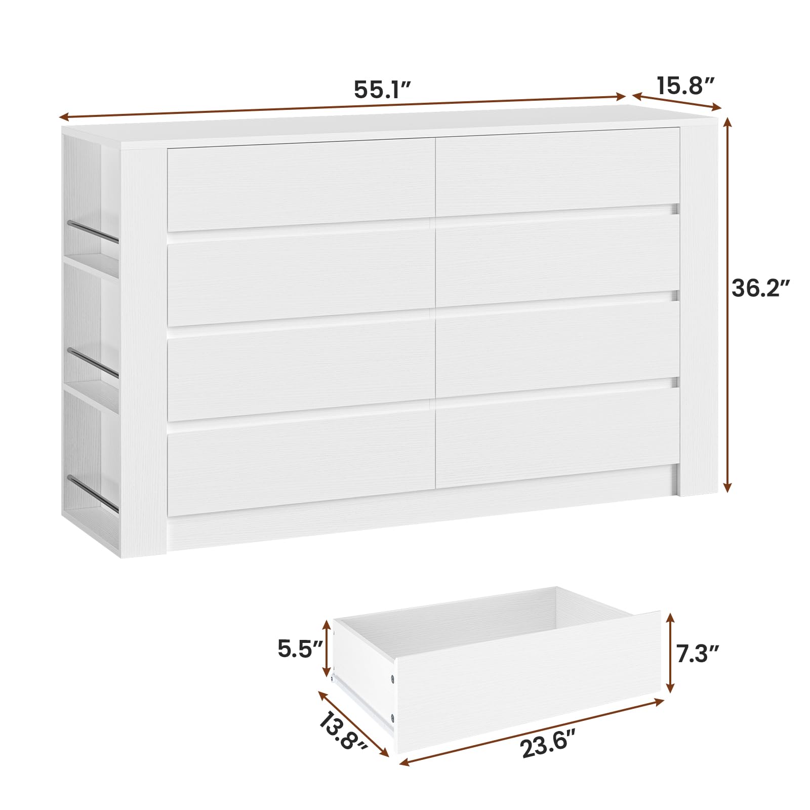 BTHFST White Dresser 8 Drawer Dresser, 55.1" White Chest of Drawers Dresser with Large Storage, Wood Dresser with 8 Drawers, Long Dressers & Chests of Drawers for Home Office, White