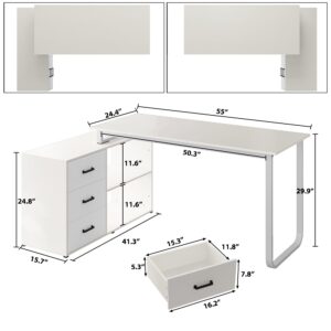 ARTPOWER 55" L Shaped Computer Desk with Storage Cabinet, Large Home Office Corner Desk with 3 Drawers and Shelf,Computer Table for PC Executive Writing Study Work,Reversible Gaming Desk, White