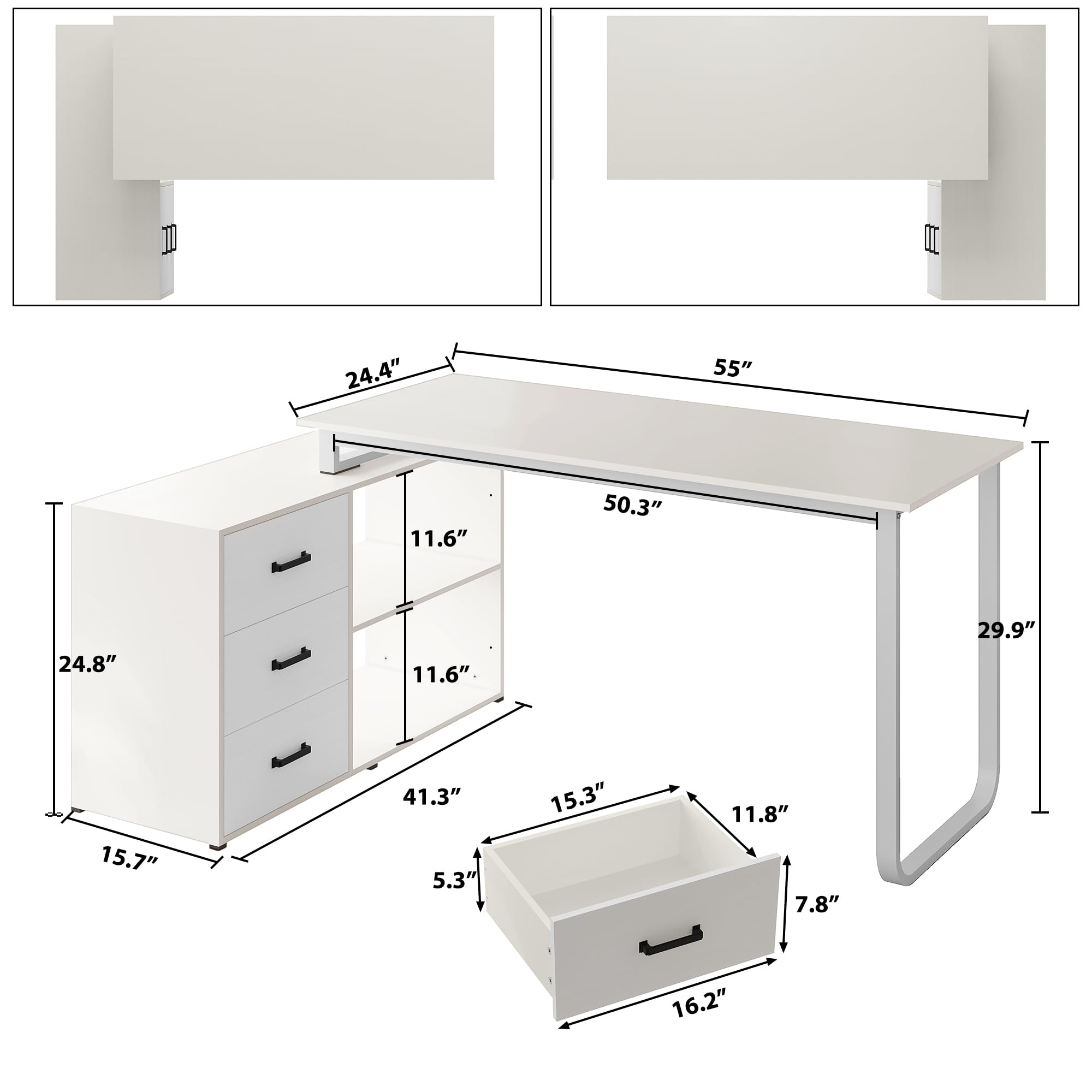 ARTPOWER 55" L Shaped Computer Desk with Storage Cabinet, Large Home Office Corner Desk with 3 Drawers and Shelf,Computer Table for PC Executive Writing Study Work,Reversible Gaming Desk, White