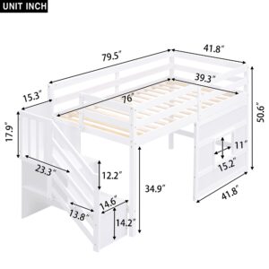 THINK 30 Wood Loft Bed with Storage Staircase and Window,No Box Spring Required, Twin Size, White