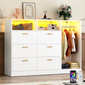 hlivelood 63" w dresser for bedroom with hanging rack & shelves, white 6 drawers dresser with led lights, chest of drawers storage shelves, bedroom, closet, entryway, 44" h