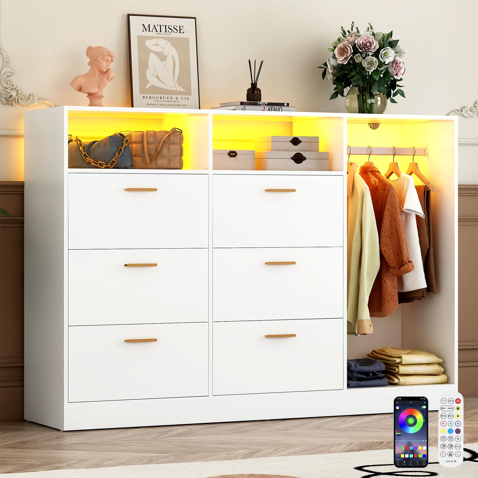 Hlivelood 63" W Dresser for Bedroom with Hanging Rack & Shelves, White 6 Drawers Dresser with LED Lights, Chest of Drawers Storage Shelves, Bedroom, Closet, Entryway, 44" H