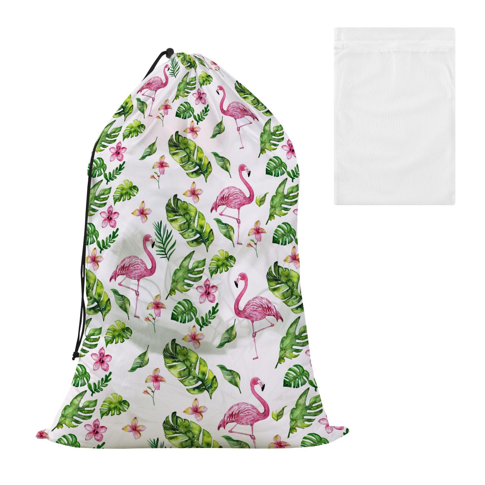 Cute Flamingo Leaves Laundry Bag Travel Mesh Dirty Clothes Organizer Large Washable Laundry Bag with Drawstring Easy Fit a Laundry Basket Hamper for College Dorm Vacation Camp