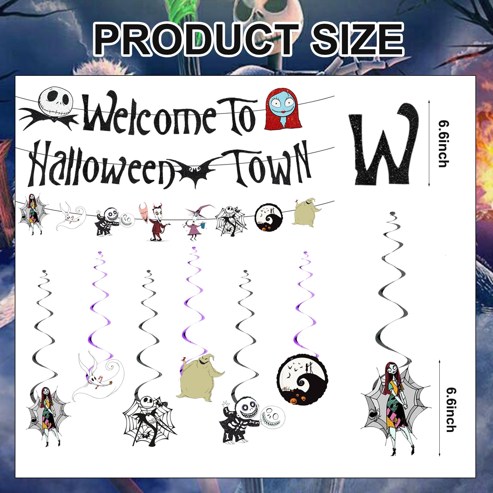 Glittery Welcome to Halloween Town Party Decorations,Welcome to Halloween Town Banner and Hanging Swirls,Halloween Nightmare Birthday Party Decorations