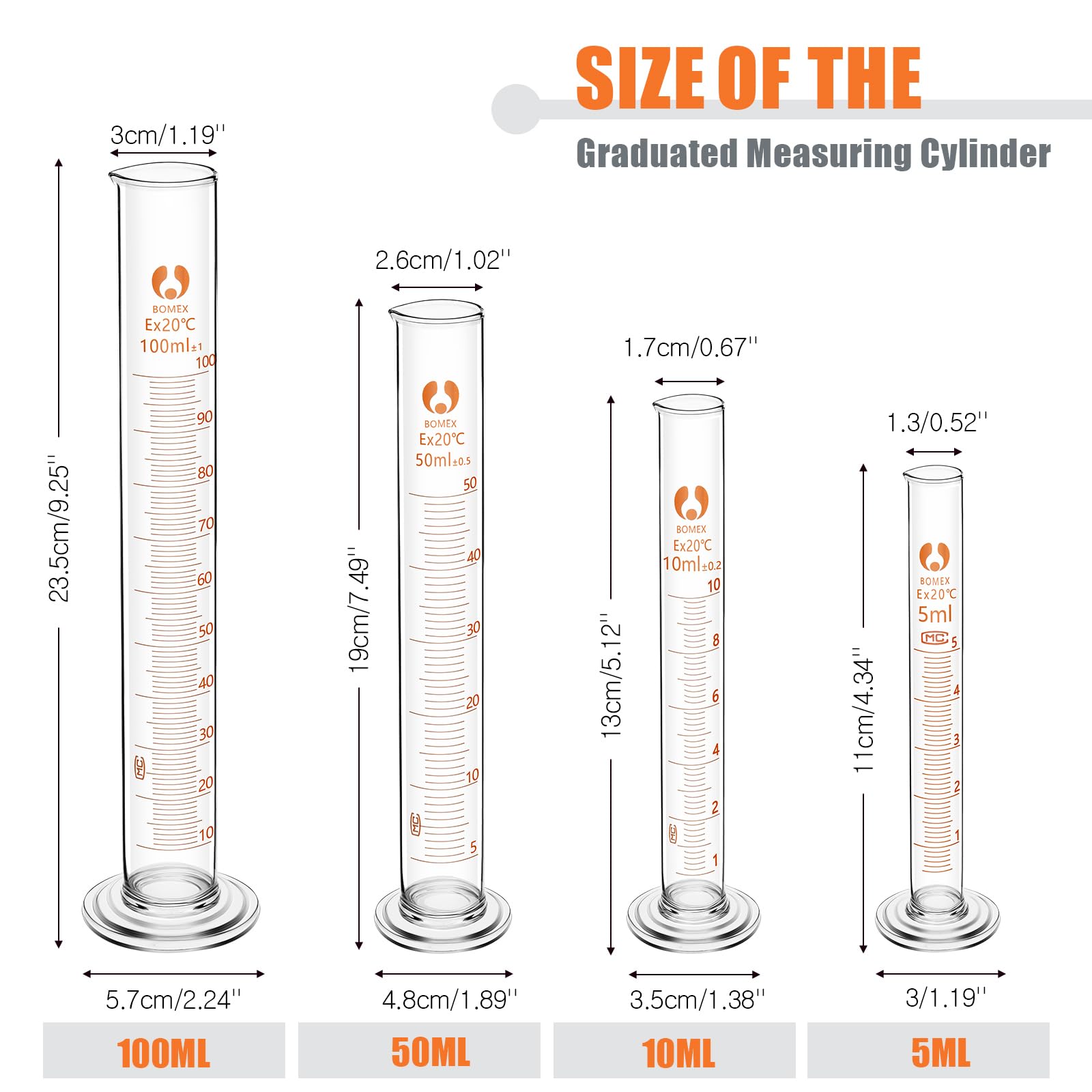 Feekoon 10 Pieces Glass Measuring Beaker Graduated Measuring Cylinder with Stirring Rod 50/100/ 250/500/ 1000 ml Thick Glass Beakers 5/10/ 50/100 ml Graduated Cylinders for Science Lab (9.8 Inch)