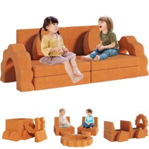 mamizo 10pcs modular kids play couch, child sectional sofa, nugget couch large size, toddlers floor sofa w/suede cover, convertible foam cushion couch for playroom creative boy girl (orange)