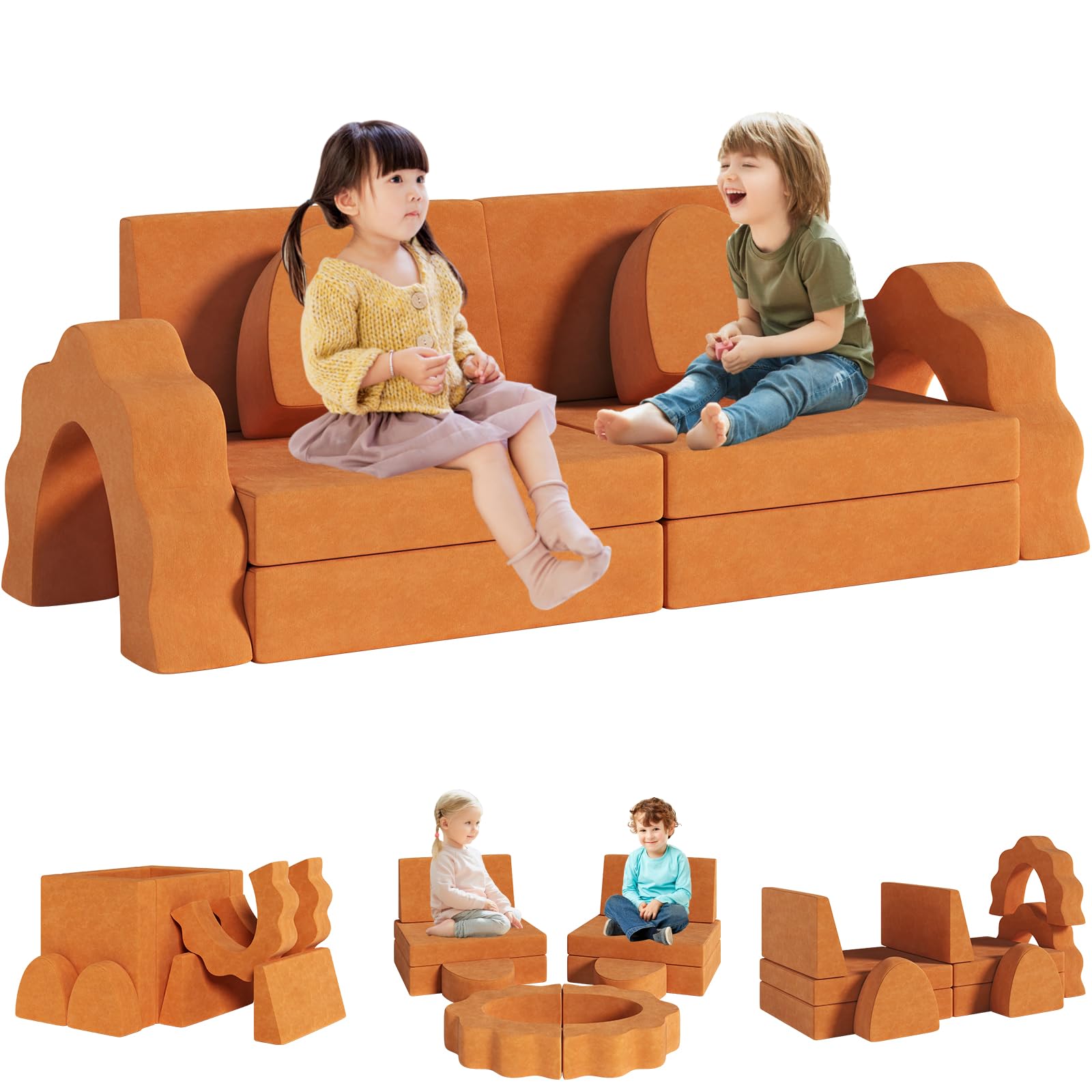 MAMIZO 10pcs Modular Kids Play Couch, Child Sectional Sofa, Nugget Couch Large Size, Toddlers Floor Sofa W/Suede Cover, Convertible Foam Cushion Couch for Playroom Creative Boy Girl (Orange)