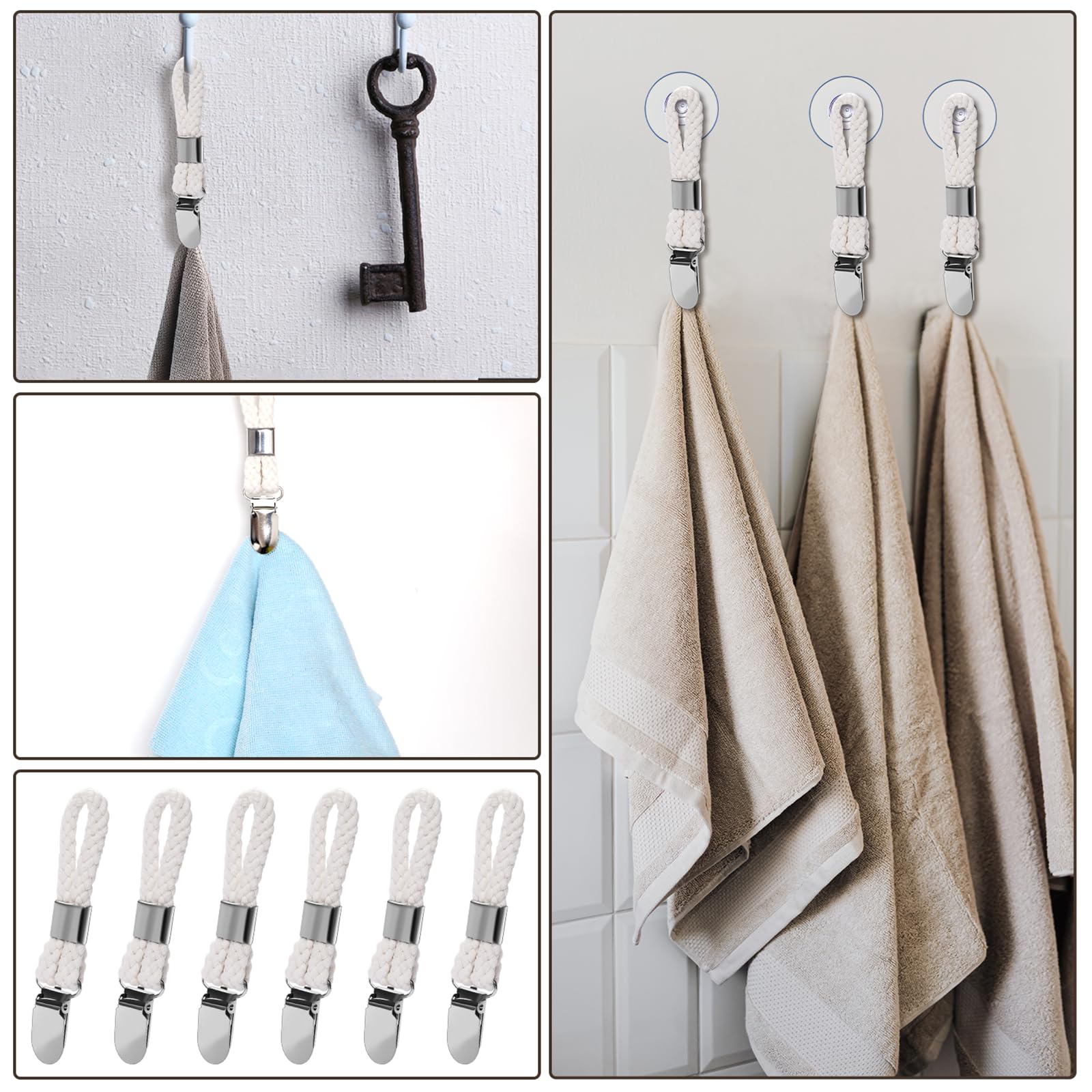 6 Pcs Kitchen Towel Clips, Hanging Towel Clips for Kitchen, Woven Cotton Towel Clips with Metal Clamp, Tea Towel Hooks Loops Clips Cloth Hook Clip Hangers for Home Kitchen Bathroom Hanger Brackets