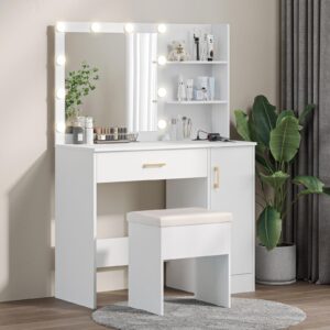 wayes makeup vanity set with lighted mirror, charging station, and storage stool - 3-foot vanity desk for bedroom, white