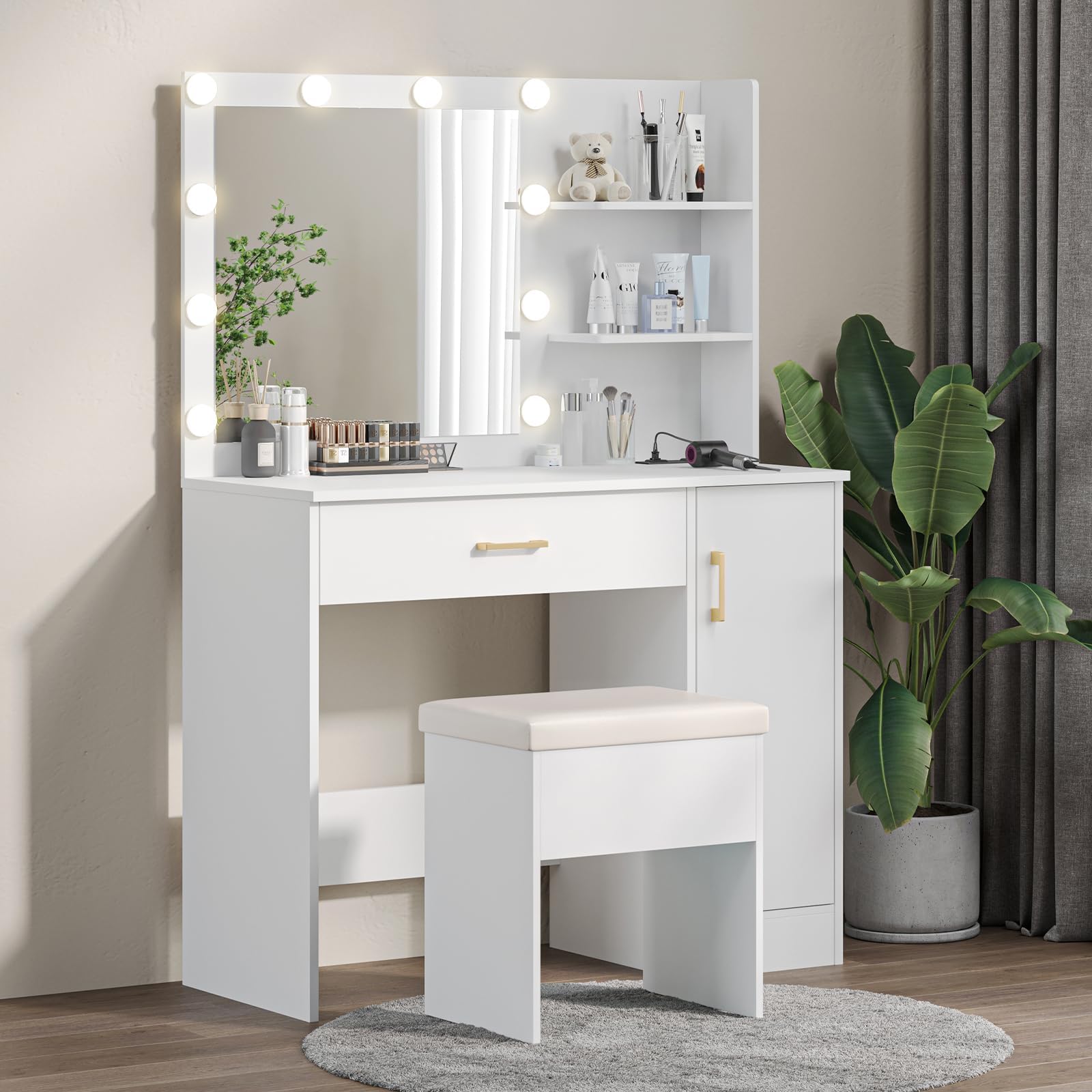 WAYES Makeup Vanity Set with Lighted Mirror, Charging Station, and Storage Stool - 3-Foot Vanity Desk for Bedroom, White