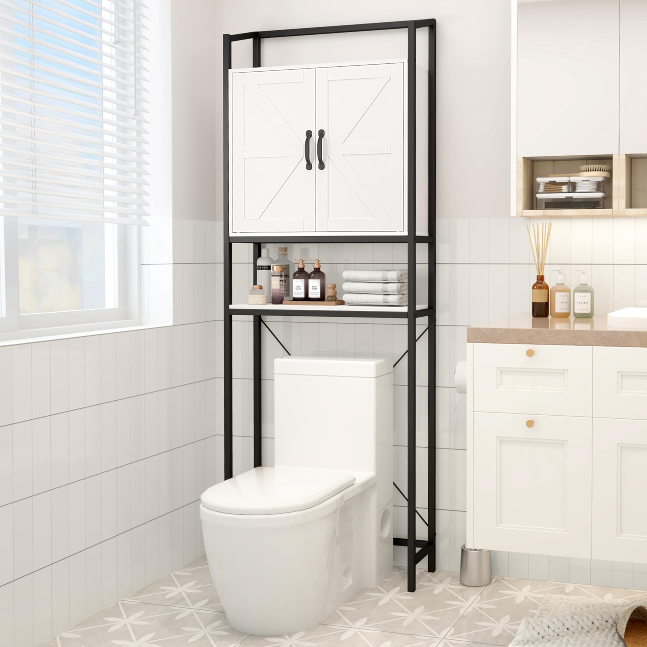 HAUXITIO Over The Toilet Storage Cabinet - Home Space Saving Toilet Rack, Farmhouse Above Toilet Shelf Organizer with Barn Doors for Bathroom, Laundry, Balcony