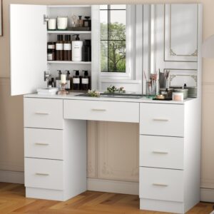 Makeup Vanity Desk with Large Mirror, 46" Modern Vanity Table with Wide Cabinet Mirrors, White Vanity with Tempered Glass Top & 7 Drawers. Makeup Table with adjustable shelf for bedroom(White)