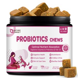 probiotics for dogs - dog probiotics and digestive enzymes for digestive health - plus fish oil & vitamins supplement for allergies & immune & itchy skin, 106 chicken flavor probiotic soft chews