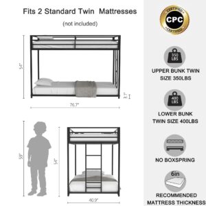 HXERY Bunk Bed Twin Over Twin, 54" Inch Metal Floor Bunk Bed with 11" Guardrails and Convertible Side Ladder. Black