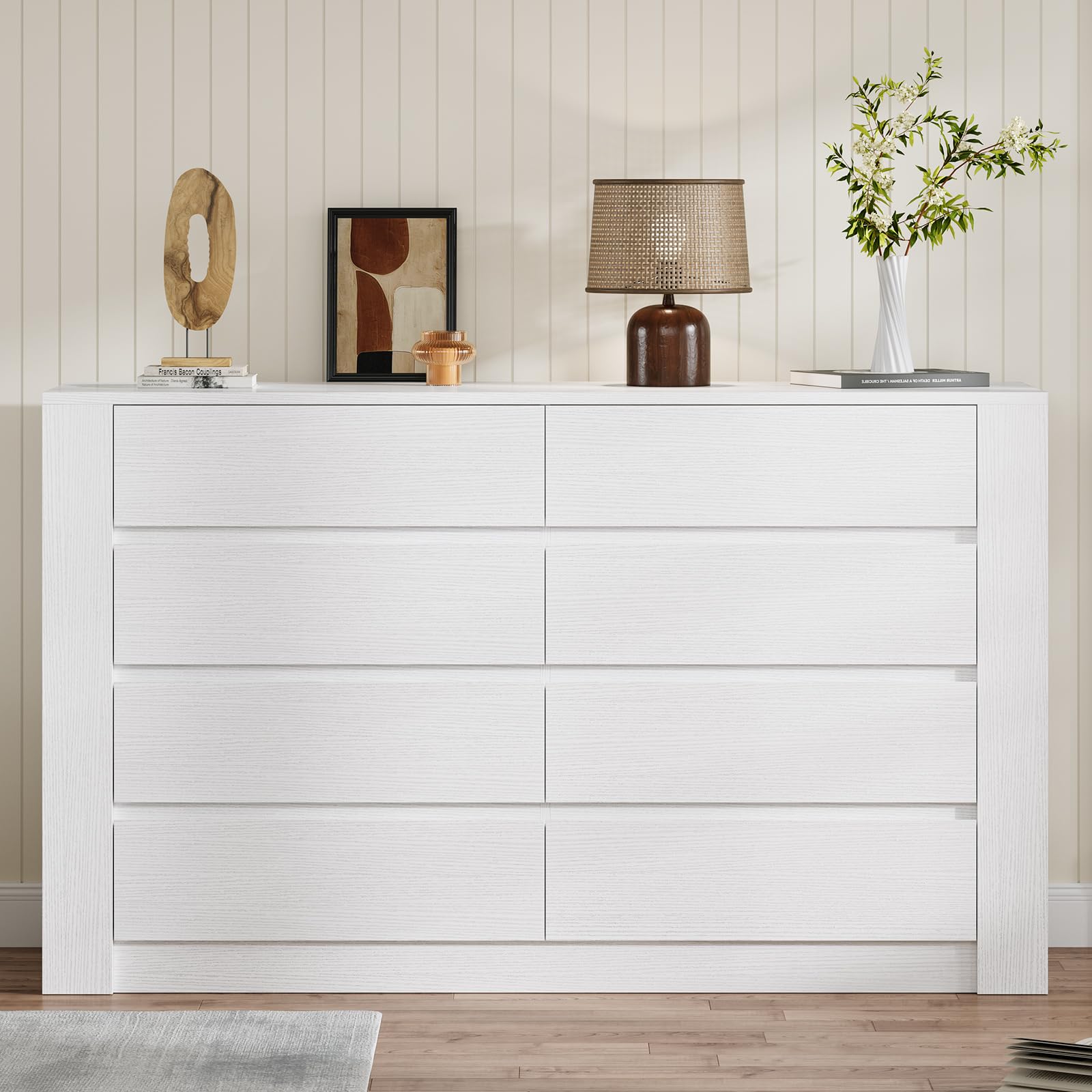 BTHFST White Dresser 8 Drawer Dresser, 55.1" White Chest of Drawers Dresser with Large Storage, Wood Dresser with 8 Drawers, Long Dressers & Chests of Drawers for Home Office, White