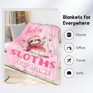 Custom Sloth Blanket with Name, Sloth Gifts for Girls Women, 60"x80" Soft Pink Blanket for Girls Gifts Decor, Sloth Printed Blankets Present Ideal, Cute Flannel Kids Throw Blankets for Couch