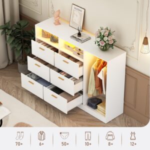 Hlivelood 63" W Dresser for Bedroom with Hanging Rack & Shelves, White 6 Drawers Dresser with LED Lights, Chest of Drawers Storage Shelves, Bedroom, Closet, Entryway, 44" H