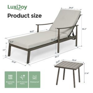 LUXIJOY Outdoor Lounge Chair with Side Table, Patio Aluminum Chaise Lounge Set of 2, Adjustable Backrest with Ergonomic Armrest, Patio Recliner Chairs Cushions for Lawn Pool Beach (Grey)