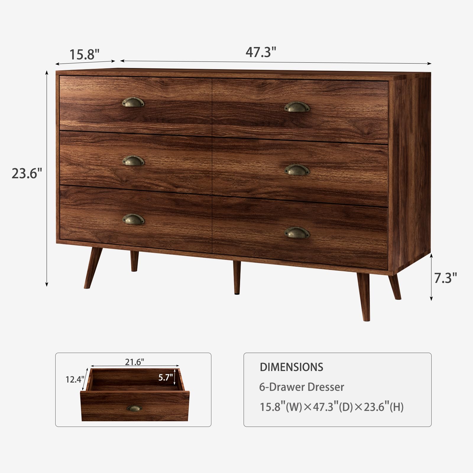 CARPETNAL Walnut Brown Dresser for Bedroom, 6 Drawer Dresser with Wide Drawers and Metal Knob, Wood Dressers & Chest of Hallway, Entryway.