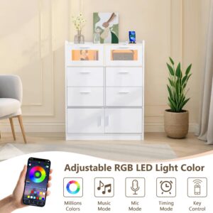 VECELO Dresser for Bedroom, Chest of 6 Drawers with Adjustable LED Lights & Power Outlet, Raised Edge and Large Storage Capacity, Multiple Modes, White