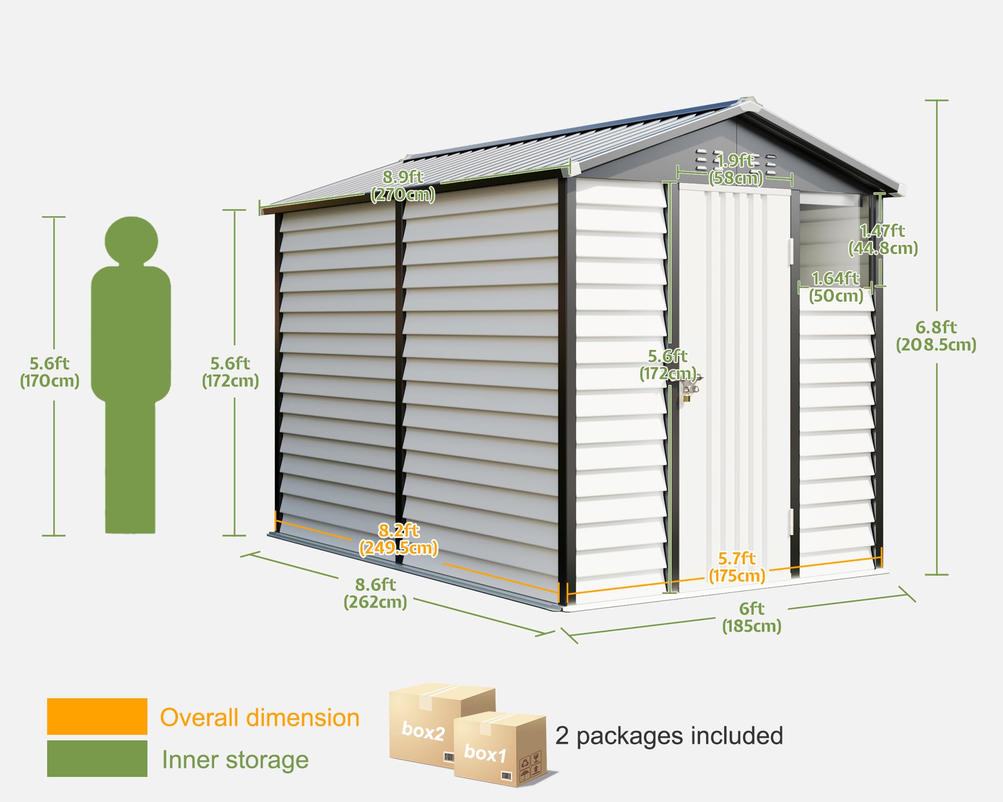 VanAcc 6.5x9x7 FT Outdoor Storage Shed with Shutter Design, Metal Garden Shed with Lockable Doors and Vents, Tool Storage Shed for Backyard, Patio, Lawn, White & Charcoal Gray